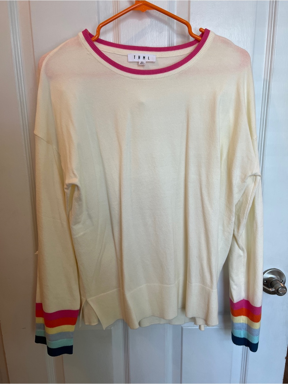 THML Cream Long-Sleeve Pullover Sweater with Rainbow Trim